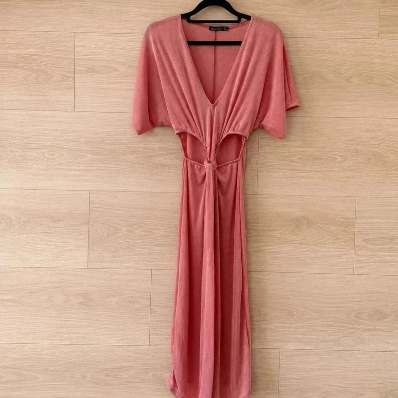 🌸 Boohoo Robe Longue Maxi Rose Poudré T36 S Cut-Out Décolleté V Bohème Été